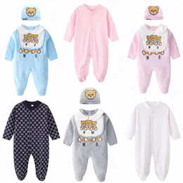 Brand Baby Hooded Rompers Designer Kids Clothes 100% Cotton Girls Boys Stylish Cartoon Print Pure Long Sleeve Infant Jumpsuit