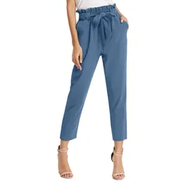 Calça feminina calça calça calça de papel de papel de papel de corte casual e casual com bolsos que caem perneiras para mulheres plus size