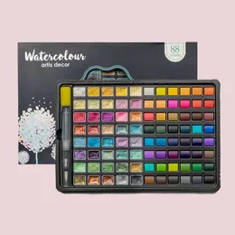 88 colori Solid Pigment WaterColor Paint Set Glitter METALLIC Vernice perla Colore d'acqua con pennelli per la pennellata ART FORNITÀ DI PITTURA