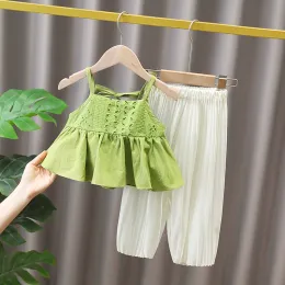바지 여름 여자 아기 옷 의상 세트 서스펜더 탑 + 쉬폰 바지 유아 여자 아기 옷을 입는 얇은 멋진 세트
