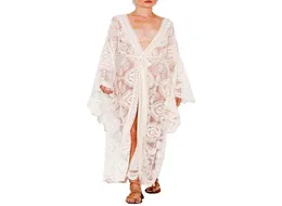 Plus w rozmiarze Kimono Boho plaża Cover Up Lace Kimono Cardigan Płaszcz Seksowna tradycyjna dziewczyna Biała Kimono Crochet Beach Bell Sukienka 7433865