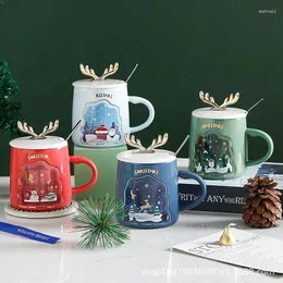 Mugs Cartoon Cute Christmas Ceramic Water Cup with Lock och Spoon Office Coffee Milk Large Capacity Gift Mugg Present