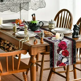 Artoid Pattern Rose Skull Day of the Dead Table Runner Spider Web Halloween Autumn Kitchen Table 장식 야외 홈 파티