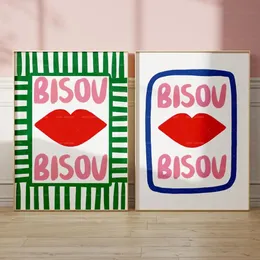 マクシミアリスト折lect的なピンクのフランスの引用bisou bonjour bonne nuit wall art canvas paintingポスターリビングルームホーム装飾240411