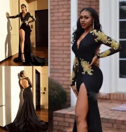 Black Sexy Mermaid Prom Dresses with Long Sleeve 2018 Deep Vneck Gold Shiny Lace Applique Trumpet slit Occasion Party Evening Gow4732969