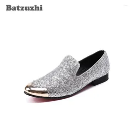 Casual Shoes Italienische Modemarke Männer Gold Metal Cap Flats Kleid Silber Glitter Leder Hochzeitsgeschäft und Party