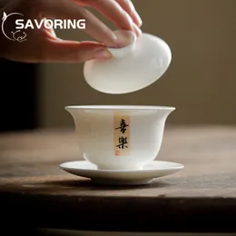 150ml Dehua Beyaz Porselen Çay Tureen İnce Lastik Kung Fu Çay Seti Kapalı Kase Kaligrafi Kabarcık Çay Kase El Kabul