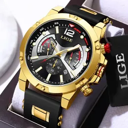 Armbandsur Lige Fashion Chronograph Men Watches Top Silicone Sport Wristwatch Business Quartz Clock Waterproof Montre Homme