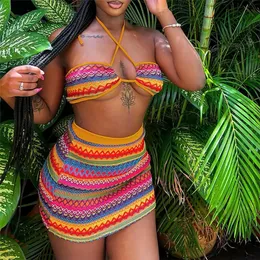 Worcoer Summer Beach Outfits For Women Halter Crop Top Sexig kjol Två bit Sed Sexig semesterkläder Bodycon Female Outfits 240403