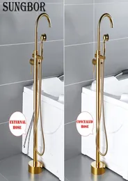 Bathtub Faucet Gold Round Spout Single Handle Mixer Water Taps Bathroom Bath Hand Shower Floor Mounted Tub Faucet Set HD2678K15237228