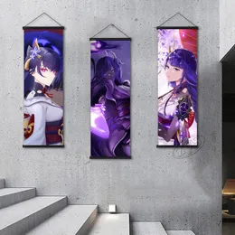 Genshin Impact Hanging Scrolls Keqing Tela Stampa Mona Pictures Muro Art Painting Dish Home Disponibile per soggiorno per soggiorno