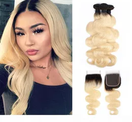 1b 613 ombre loira brasileira onda corporal tecer feixes com fechamento 3 feixes com 44 Extensões de cabelo de fechamento de renda Remy