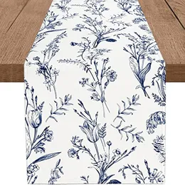 Spring Floral Rustic Table Runner Navy Blue Wildflower Leaf Tablecloth Holiday Kitchen Dinning Decor Indoor Outdoor Home Party