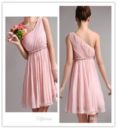 2019 Pink Chiffon Aline Sheath Knee Längd Backless Sash Ruffle Bridesmaid Homecoming Dresses in Stock Dresses9085981