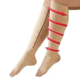 Zip Sox Zipup zippered Compression Knee Socks يدعم جوارب الساق المفتوحة في إصبع القدم المشكل الأسود والبيج بواسطة DHL4844987