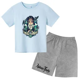 Kinder Sommer Mittwoch Addams Family Print Freizeitkurzanzüge 4-14t Jungen Mädchen 2pcs T-Shirts+Hosen Sport-Outfits Kleidung Sets