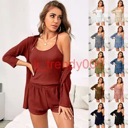 womens pajamas Wearable pullover casual set for womens Waffle Geke Outwear Three Piece Home Suit Womens Suspender Shorts Outer Robe Bathrobe Casual Nightwear Set