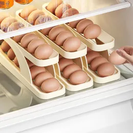 Automatisk Slide Egg Storage Box Transparent Drawer Eggs Rack Egg Tray Holder Basket Kök Kylskåp Dropshipping