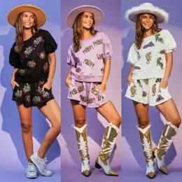 Loose Sequin Crown T-shirt Shorts Set Printing Sequin Top For Women Purple White Short Sleeve Loose T-shirt And Shorts Suits 240410