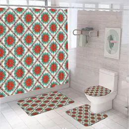 Duschvorhänge Retro Blumen geometrische Badezimmer Set Stoff Vorhang Teppich Bad Matte Deckel Toilettenabdeckung Blumen Morden Badewanne Bildschirm Wohnmedizin Dekoration