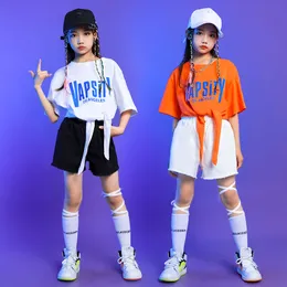 Girls Summer Hip Hop Clothing Set Set Lace Up T Shirt Top Shorts Kids Streetwear Suit Teens Performance Outfits Jazz Dance Costume