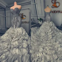 Lüks Kristal Denizkızı Gelinlik Gelinlikleri fırfırlı Katmanlı Özel Yapımlı Rhinestone Sweetess Sweep Train Vestidos De Novia