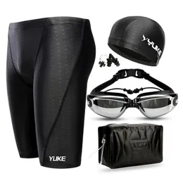 Men Swimming Shorts Waterproof Competition Swim Equipment Goggles with Ear-plug Cap Case Trunks Briefs Swimwear Half Pants 240411