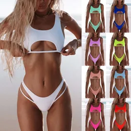 New bikini womens solid color split Swimsuit Bikini hollow snake fabric swimsuit 2024