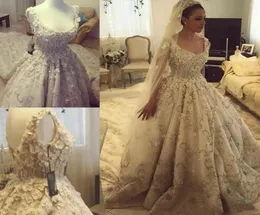고급 레이스 볼 가운 웨딩 드레스 스쿠프 넥 3D 꽃 아플리크 구슬 라인 스톤 Suadi Arabic Beach Wedding Dress Sweep Train 2207651