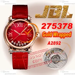 Happy Sport Floating Diamond 275378 A2892 Automatisk kvinnoklocka JBLF 33 Wrapped Rose Gold Case Red Dial Croc Rand Super Edition Ladies Watches Puretime Reloj PTCP