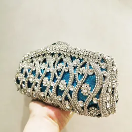 Women Sky Blue Crystal Clutch Purse Stones Evening Bags Metal Hollow Box Minaudiere Handbag Bridal Bags Wedding Party Clutches