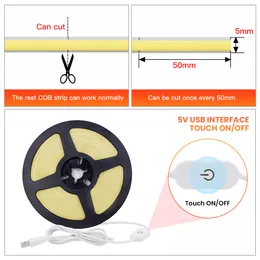 Dimble Cob LED -remsljus med touch switch 5V USB Flexibel LED -tejp 320LEDS/M Högdensitet FOB LED -lampor Skåpbelysning