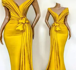 Billige sexy atemberaubende gelbe Abendkleider tragen Falten, die Meerjungfrau von der Schulter formelle Party -Promi -Kleider für Frauen Occa3036578