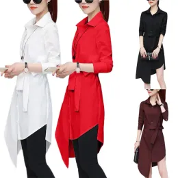 Women Shirt Long Sleeve Irregular Tied Belts Lady Shirt Loose Commute Mild-length Dressing Up Polyester Lady Blouse For Female