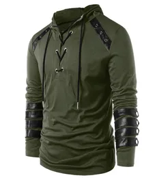 Män hoodie plus size punk pu läder långärmhet spets upp svart blå streetwear gotisk casual hooded tröja 2021 vårstopps5561060