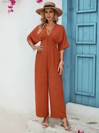 Basic Casual Dresses Fashion Women Wide Leg Trousers Jumpsuit Summer Sexy Deep V Short Sleeve High Waist Bodysuit Female Office Elegant jumpsuits L49