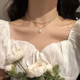 New Fashionable Double Layered Pearl Imitation High Grade Necklace with a Simple and Elegant Charm Pendant for Womens Collarbone Chain