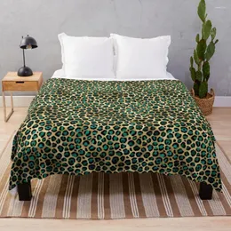 Battaniye sahte zümrüt yeşil ve metalik altın leopar baskı orman desen. Yatak boho cadılar bayramı kürk lüks atma battaniye