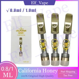 Carrelli di miele in California da 0,8 ml da 1,0 ml di cartucce vaporizzatore vuoto fori di gocciolamento in rame con pacchetti sacchetti con pacchetti di sacchetti