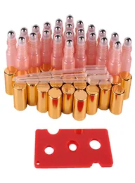 24 pcs 5 ml roll di vetro rivestito con olio essenziale rosa su bottiglie con sfera a rulli in acciaio inossidabile per aromaterapia del profumo CX2008032253620