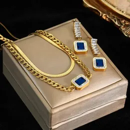 Necklace Earrings Set 316L Stainless Steel Retro Double Thick Chain Double-layer Layered Square Full Blue Zircon Wedding Jewelry