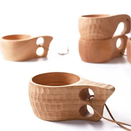 Finland Portable Coffee Mug Rubber Wood Handle Two Hole Cowhide Rope Hook Juice Milk Tea Coffee Drinking Cup Drinkware