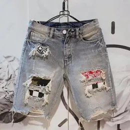Summer Men Hole Denim Short Pants Fashion żebrak zeskrobowy pięcioczęściowe dżinsy krótkie 240409