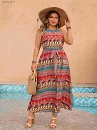 基本的なカジュアルドレス2024 New Arrivals Plus Size Bohemian Printed Beach Long Dresses SevelessExtized Sexy Holter Casual Belted Dress L49