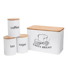 Lixeira de pão de cozinha com capa de tábua de bambu, café, açúcar, frasco de chá, caixa de pão de fazenda, conjunto de recipientes de armazenamento de pastelaria, branco