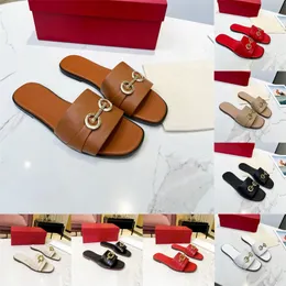 Designer slippers for women Gancini Flat Heels Sandals Leather Metallic buckle Sandale Womens Fashion Slides Summer Casual Shoes Luxury Brand Slipper