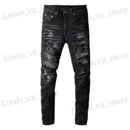 Jeans maschile maschile bandanna paisley stampato patchwork jeans strtwear pannelli di denim nero pantaloni magri skinny strappato pantaloni t240411