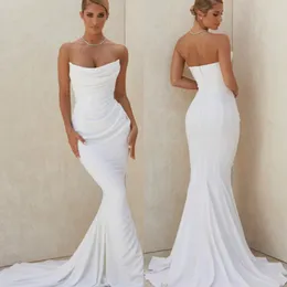 Elegant Long Mermaid Crepe Stropplösa bröllopsklänningar stretchig ärmlös öppen back elfenben vestidos de novia abendkleid brudklänning för kvinnor