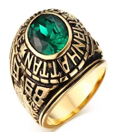 Rostfritt stål Manhattan College Ring med grön CZ -kristall för män Womens Graduation GiftGold Plated Us Size 7117036714