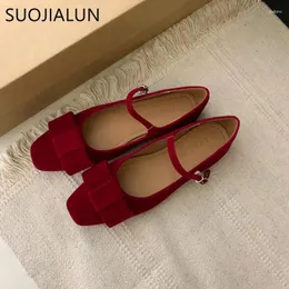 Casual Shoes SUOJIALUN 2024 Spring Women Flat Fashion Red Bow-knot Ladies Elegant Ballerinas Round Toe Dress Mary Jane